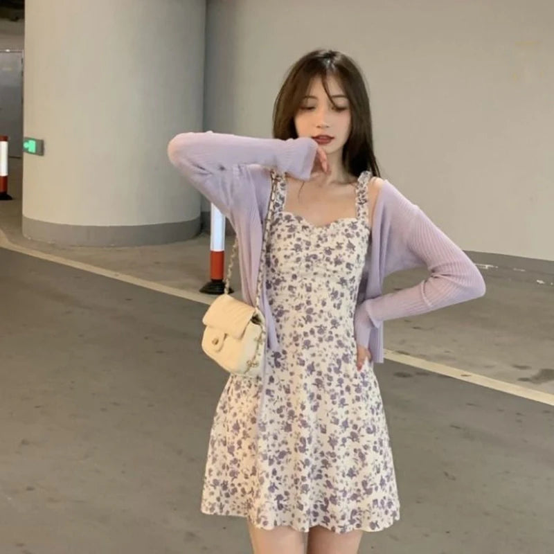 Lucyever Summer Purple Two-piece Sets Dress for Women Floral Slip Mini Dress+Sunscreen Shawl Cardigan Woman 2022 New Sundress