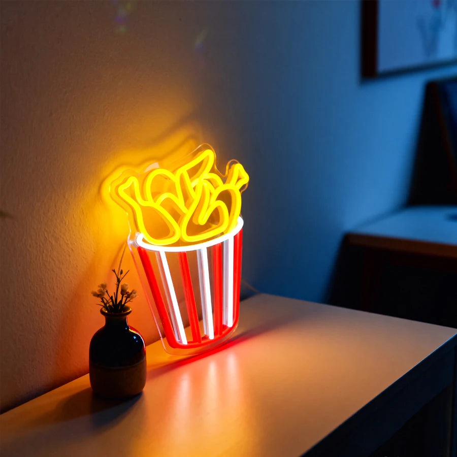 Gourmet Neon Signs, Aesthetic Business Lights Of Fried Chicken Pizza Icons, Used For Decor Of Fast Food Restaurants And Shops.