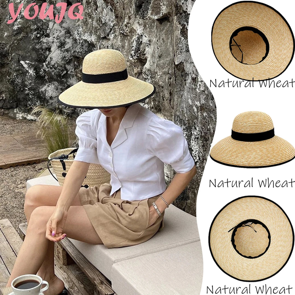 Wide-Brimmed Black-Trimmed Straw Hats for Women Summer Vintage French-Style Elegant Hepburn Wide-Brimmed Woven Caps Gorras