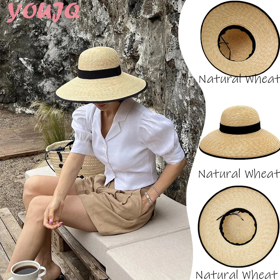 Wide-Brimmed Black-Trimmed Straw Hats for Women Summer Vintage French-Style Elegant Hepburn Wide-Brimmed Woven Caps Gorras