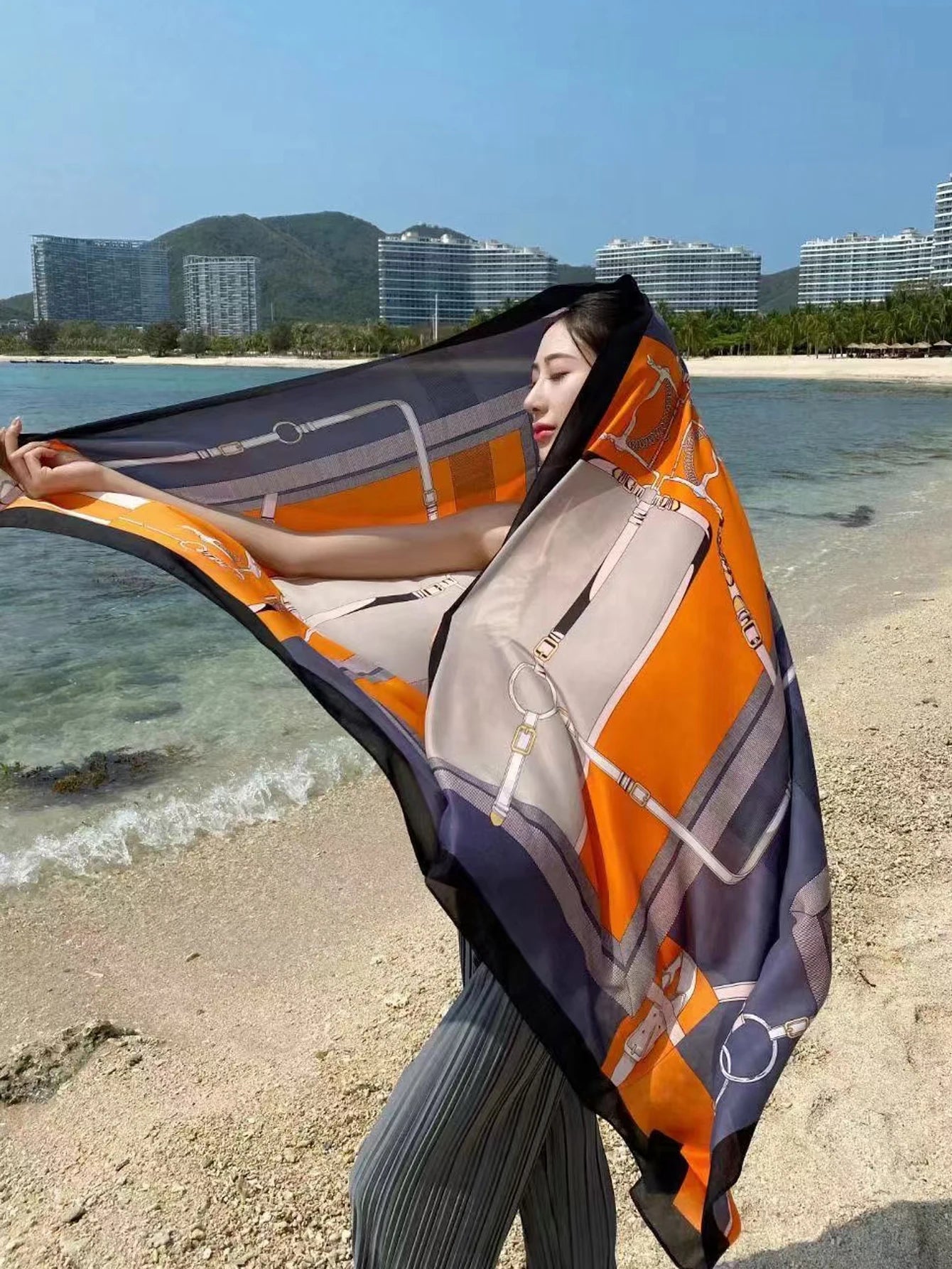New Silk Long Scarf Women Luxury Shawls Design Sunscreen Outdoor Beach Towel Large Shawl Plain Soft Turban Headband Shawl Beach