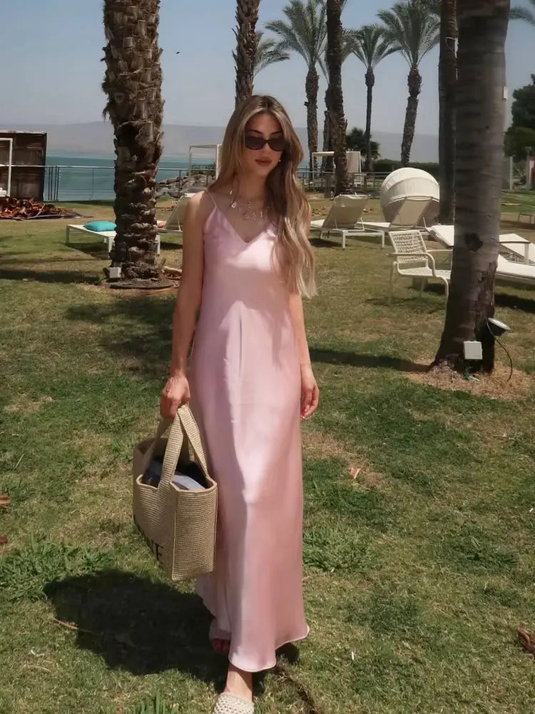 HH Summer Women Pink Stain V-Neck Sling Dress Elegant Sleeveless Loose Beach Long Dress Chic Lady Party Daily Dresses