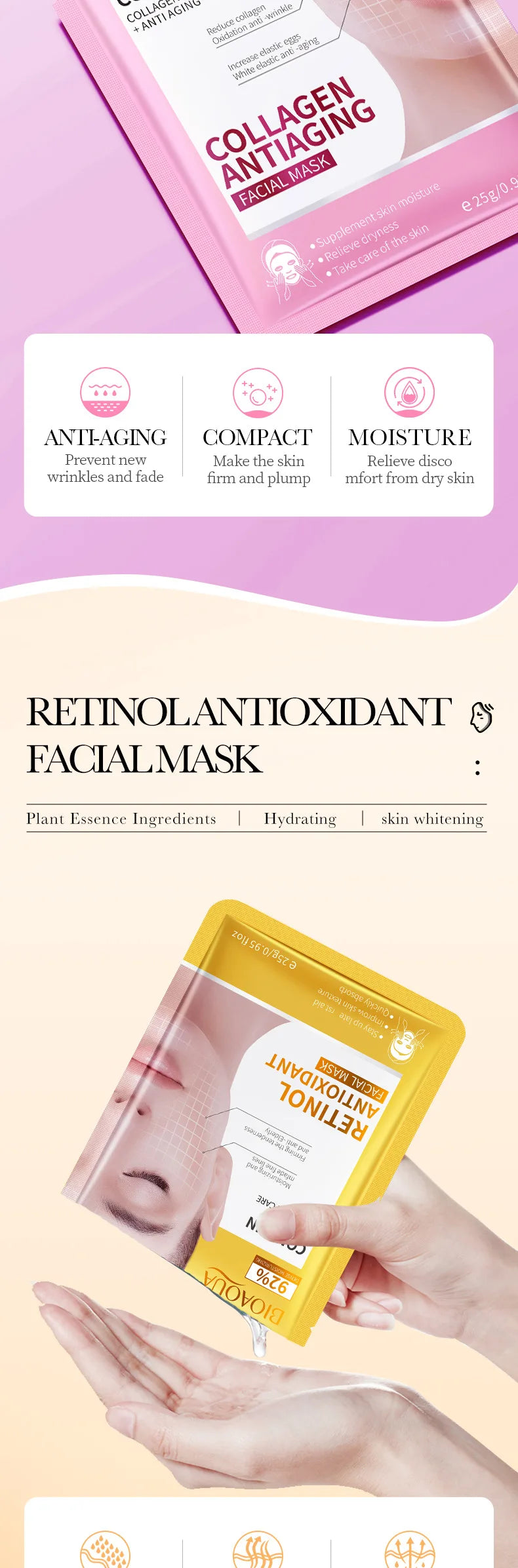 10pcs BIOAQUA  Hyaluronic Acid Retinol Collagen Facial Masks Hydrating Brightening Moisturizing Face Mask Facial Skin Care