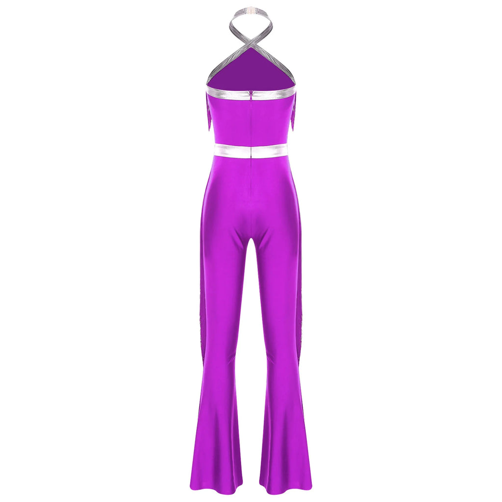 Womens 70s Disco Party Jumpsuit Halter Shiny Sequins Tassel Flared Pants Latin Jazz Dance Rompers Rave Festival Prom Clubwear