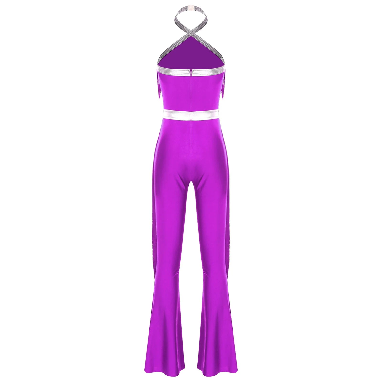 Womens 70s Disco Party Jumpsuit Halter Shiny Sequins Tassel Flared Pants Latin Jazz Dance Rompers Rave Festival Prom Clubwear