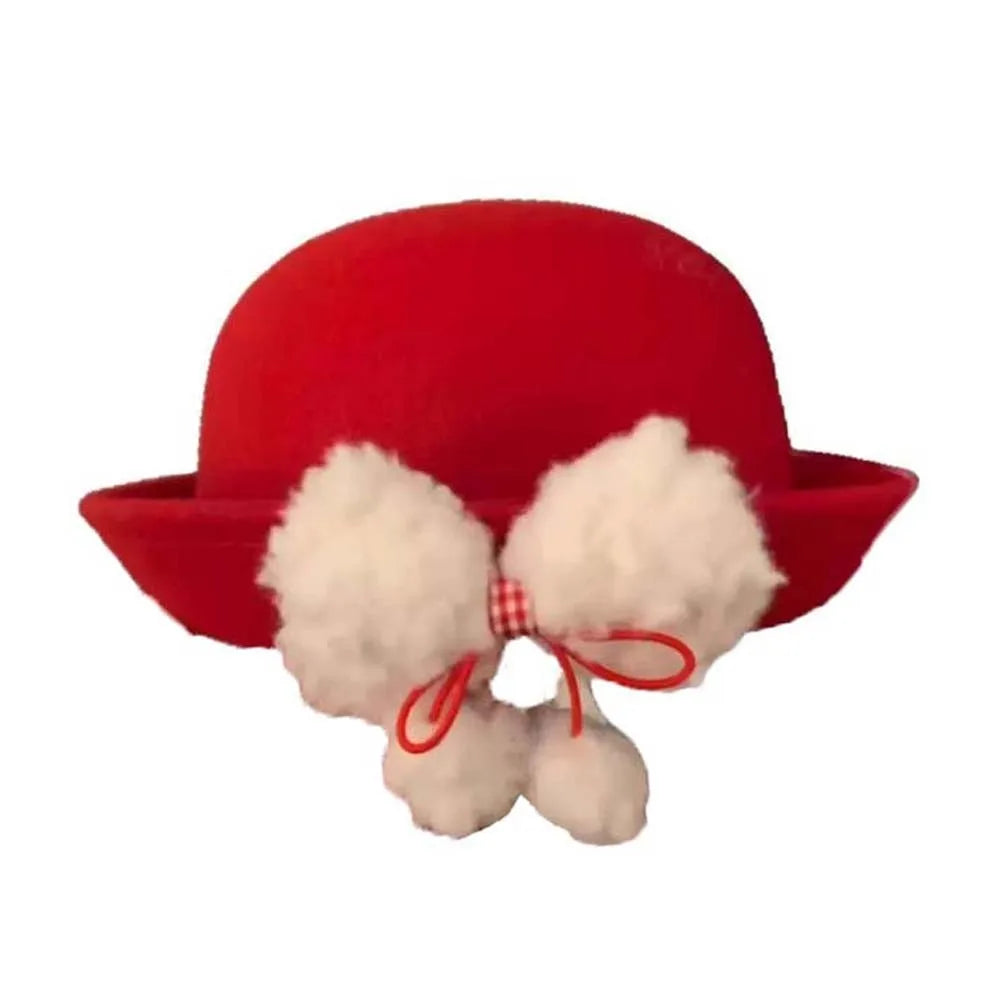 Top Hat Vintage Looking Red Bowler Hats Beret Japanese Style Woolen Bucket Cap Versatile Bow Girls Dome Hat Performances