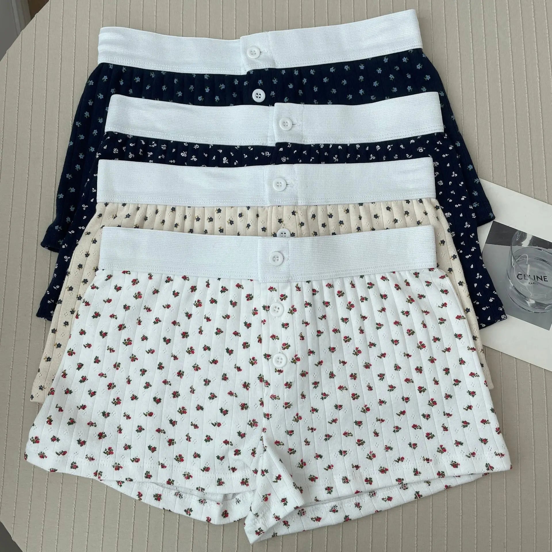 Floral Eyelet Cotton Boy Shorts Woman Summer Three Buttons Patchwork Elastic Waist Straight Short Pant Sweet Cute Home Underwear