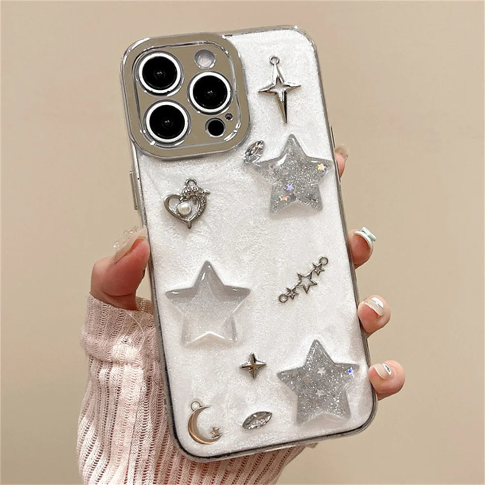 Luxury Silicone Glue Drip Glitter Star Moon Phone Case For iPhone 16 15 14 Plus 13 12 11 Pro Max Cute 3D Clear Shockproof Cover