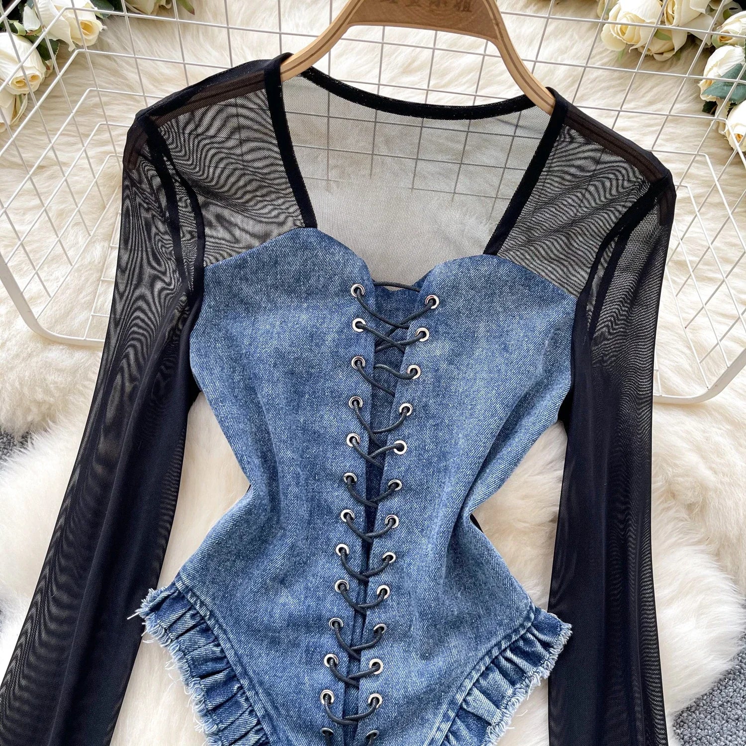 2025 New American Retro Patchwork Sexy Blouse Women Squre Neck Long Sleeves Sheer Top Streetwear Ins Lace Up Denim Shirt
