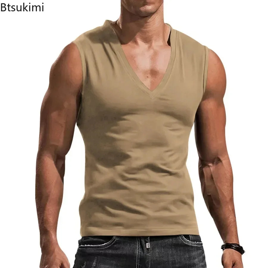 New 2026 Men's Summer Vest Fashion V-Neck Solid Cotton Sleeveless Pullovers Casual Fitness Tees Sports Running Tank Tops for Men