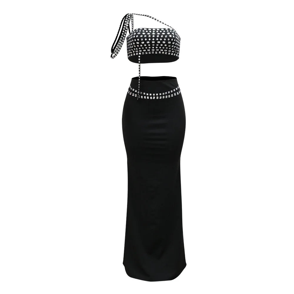 Women Dress Sets Floor Length Buttocks Skirts Two Pieces Set Matching Sets Diamonds Camisole High Street Party Night Evening