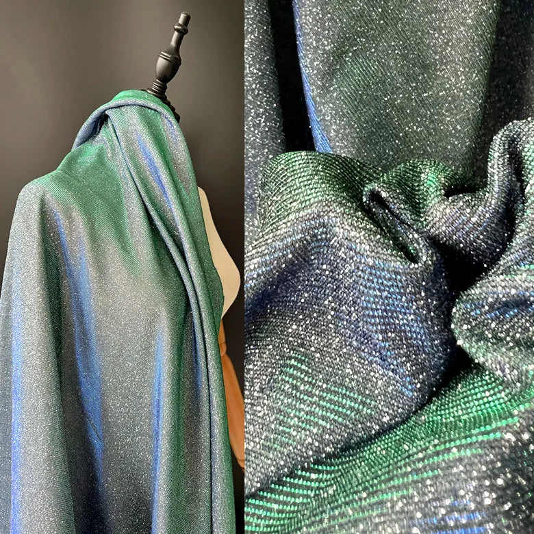 Colorful Blue Gradient Glitter Fabric Elastic Knitting By The Meter for Clothes Performance Dress Diy Sewing Designer Cloth Gold