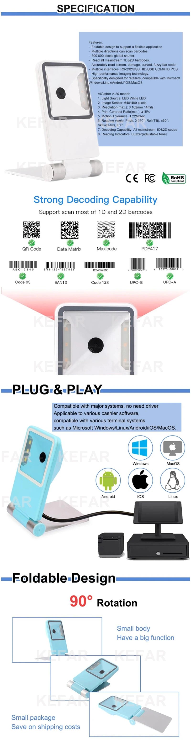 New Arrial Foldable Omnidirectional Desktop 2D Barcode Scanner Automatic Wired USB Platform Bar Code Reader for Supermarket
