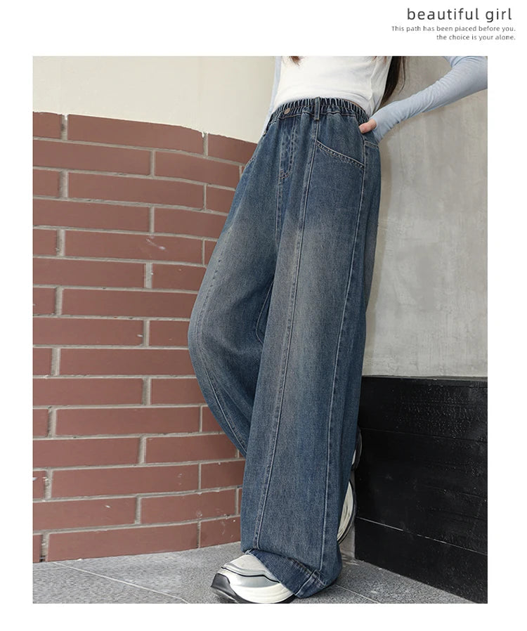 Teenager Girl Blue Jeans Fashion Retro Straight Leg Children Trousers Youth Lady Baggy Vintage Wash Casual Denim Pants Age 8-16Y