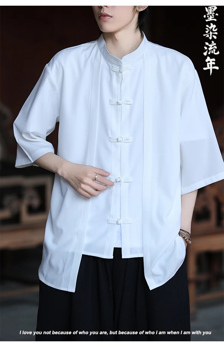 Chinese Shirt Men Ice Silk Chinese Style Comfortable Breathable Retro Shirt  Men Casual Summer Loose Fit Fashion Solid Color Top