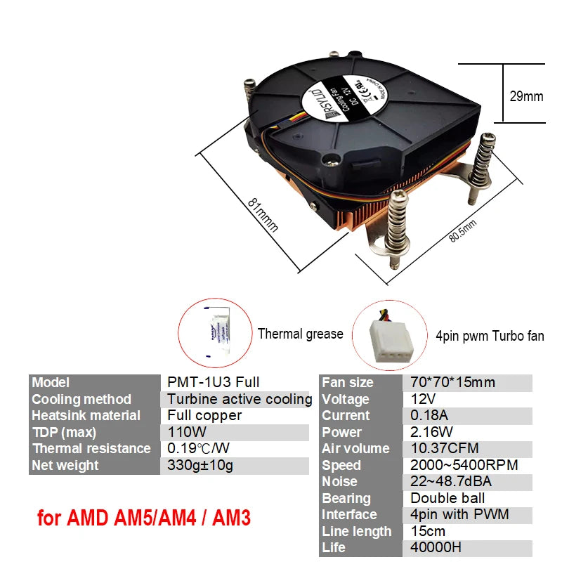 Full Pure Copper 1U Server Radiator 29mm Height Double Ball Turbo Cooling Fan LGA1700 2011 1200 115x AM4 AM5