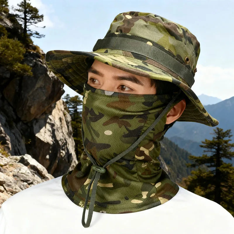Camouflage Boonie Cap Balaclava Hat Suit Foldable Soft Hat Outdoor Hunting Fishing Wide Brimmed Hat Sunscreen Caps