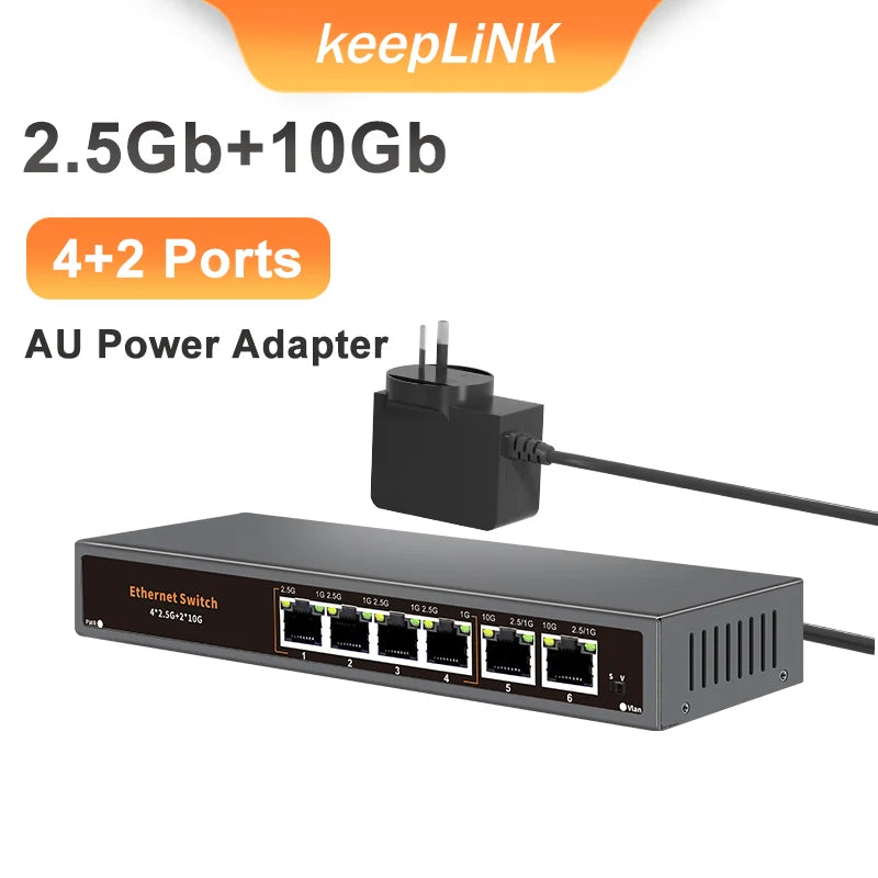 KeepLiNK 6-Port Multi-Gigabit Unmanaged Network Switch 4 X 2.5Gb RJ45 + 2 X 10Gb RJ45 for High-Speed Data Networking