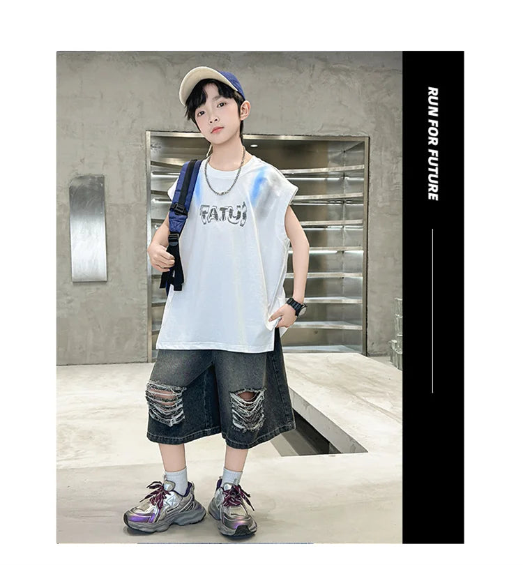 Junior Boys Summer Suit Children's Fashion Sleeveless Vest and Hole Jeans Shorts Clothing Sets for Kids 5 7 9 11 13 14 Years Old