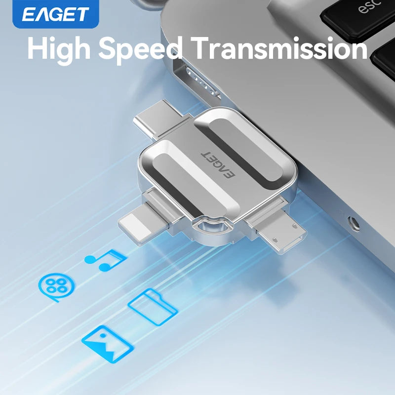 EAGET 4-in-1 OTG USB 3.0 Flash Drive[32GB/64GB/128GB/256GB] Type C Lightning Micro USB for iPhone Android, Memory Stick - i71