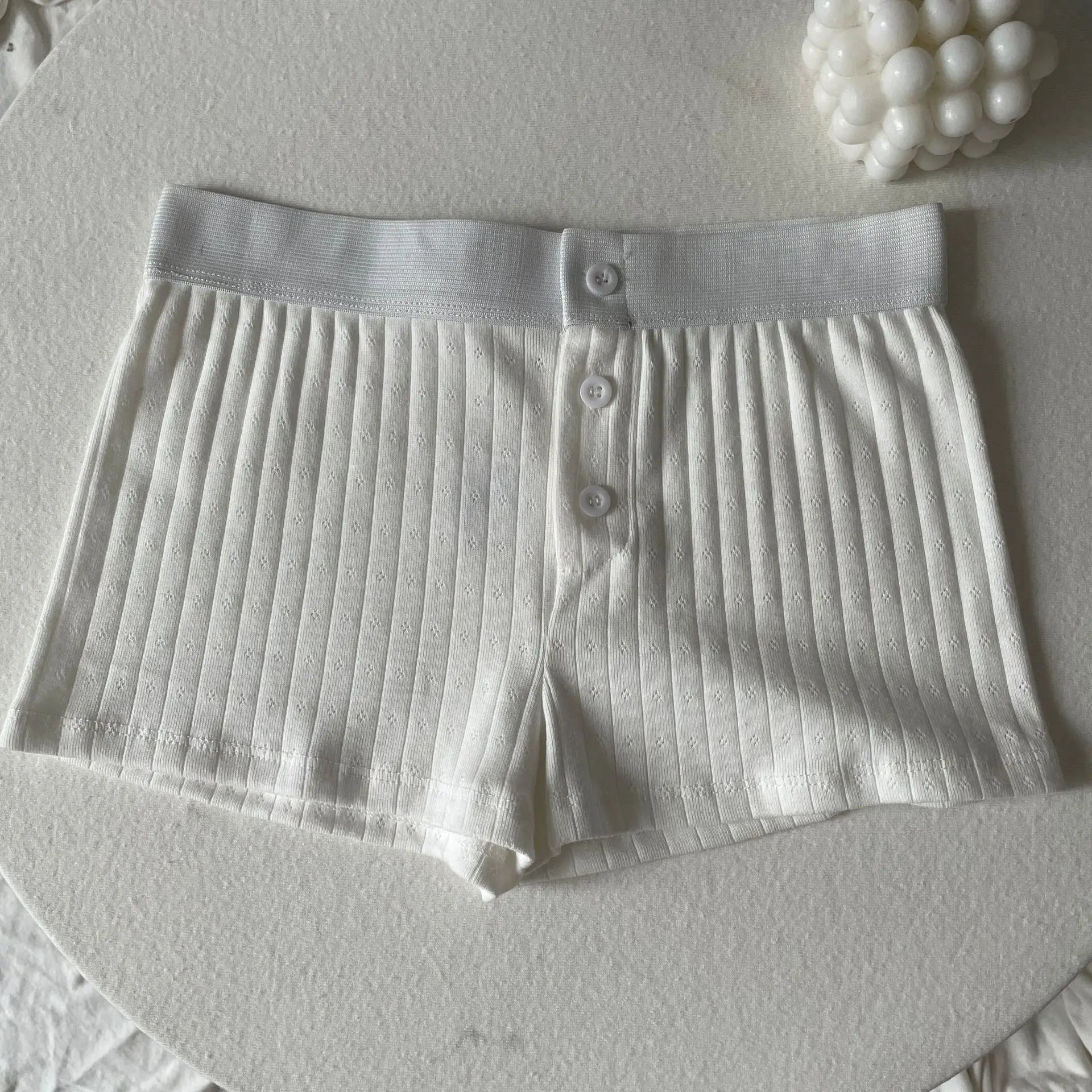 Floral Eyelet Cotton Boy Shorts Woman Summer Three Buttons Patchwork Elastic Waist Straight Short Pant Sweet Cute Home Underwear