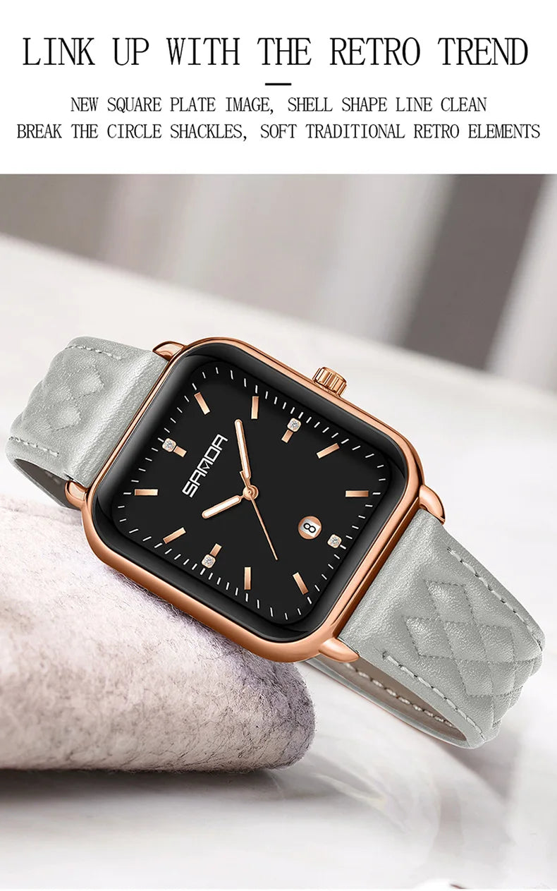 SANDA 1134 Women's Square Quartz Watch Black Fashion Crystal Waterproof Date Pointer Wristwatches for Ladies Watches Gift