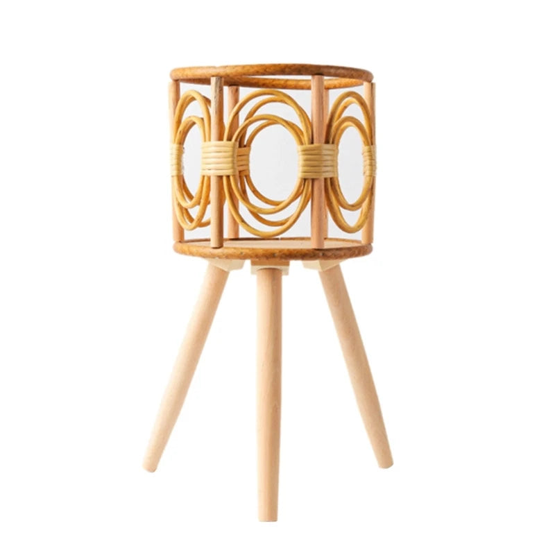 Rattan Indoor Plant Stand Straw Woven Flowers Pot Holder Stool with Legs Floor Planter Baskets Rack Wooden Plant DropShipping