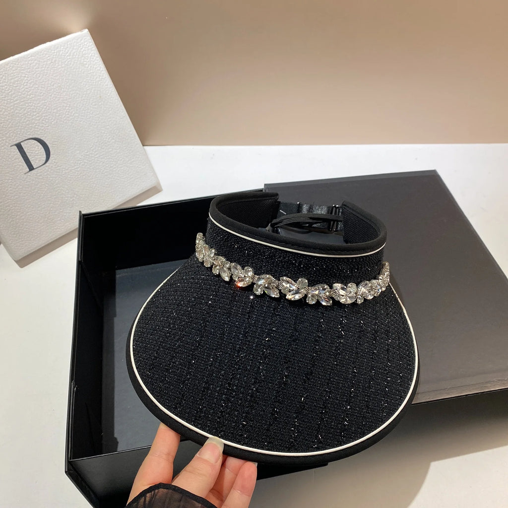 Luxury Rhinestone Empty Top Hats for Women Summer Sunshade Sun Hat Large Brim Travel Beach Sunscreen Panama Cap