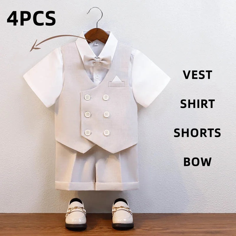 JUCPKID Kids Boys Summer Vest Shorts Suit Formal Elegant Children Boys Wedding Suit Junior Boys Blue Gray Short-sleeved Vest Set