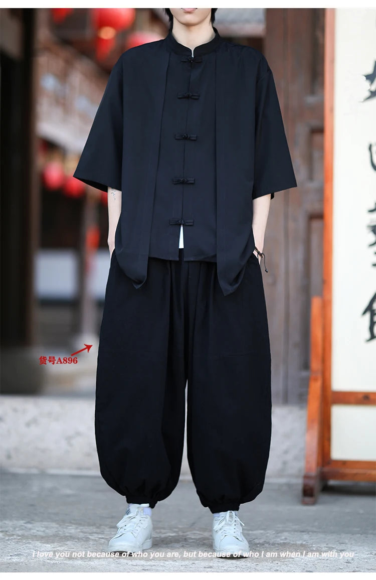 Chinese Shirt Men Ice Silk Chinese Style Comfortable Breathable Retro Shirt  Men Casual Summer Loose Fit Fashion Solid Color Top