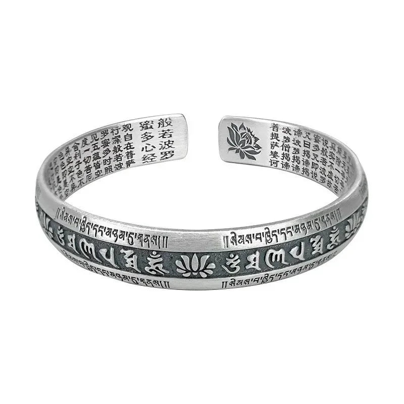 925 Silver Carved Prajnaparamita Heart Sutra Lotus Flower Bracelet Six Character True Words Wide Vintage Bangles Jewelry