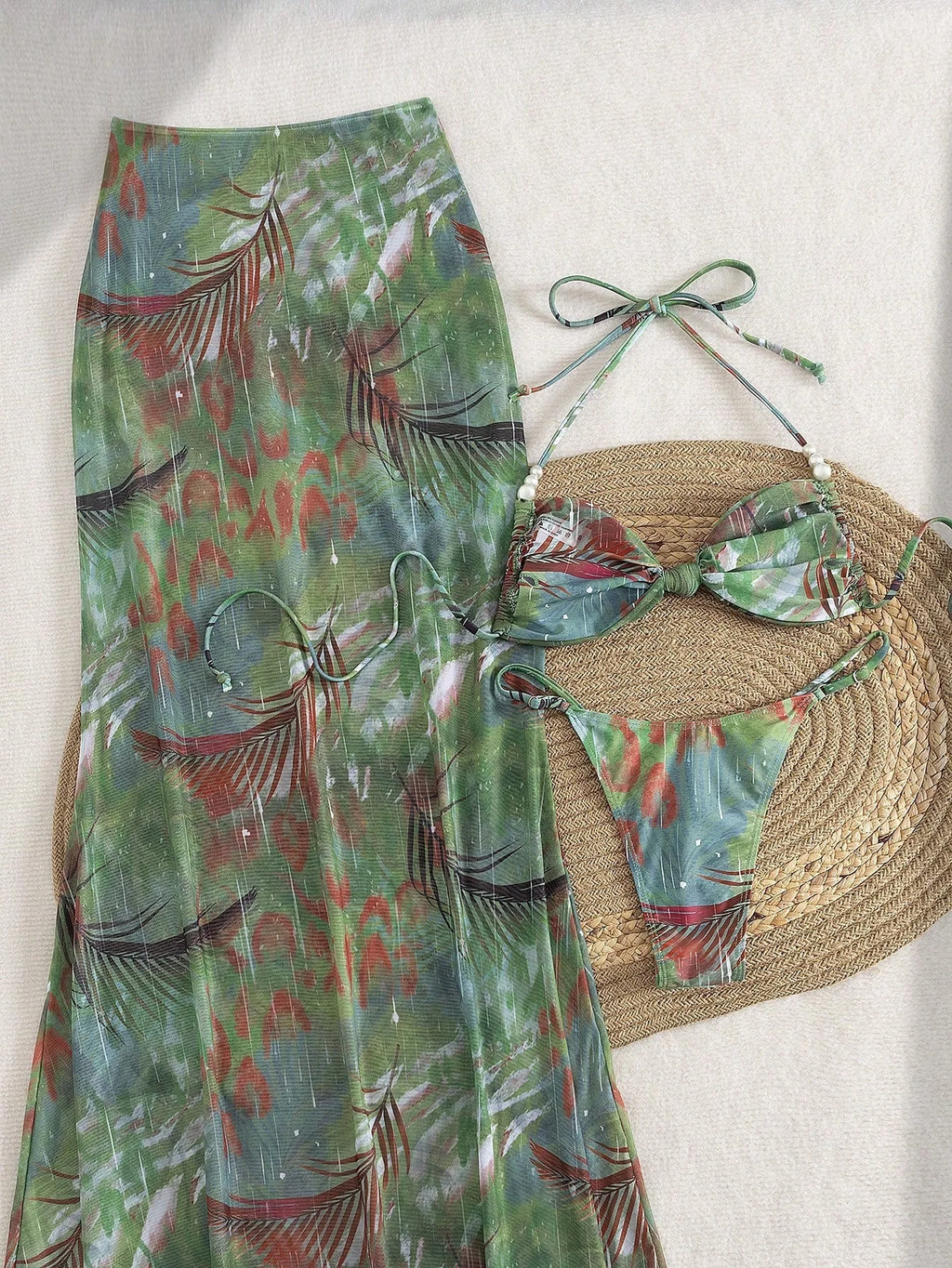 Vacation Beach Solid Color Sexy Bikini Top Top Hip-covering Long Skirt Three-piece Set