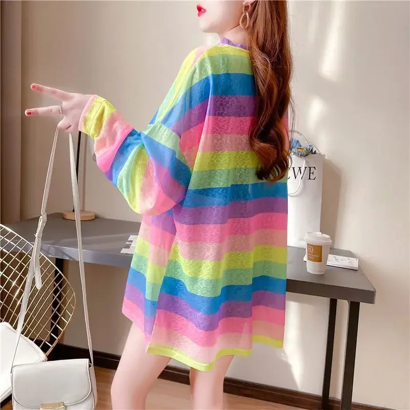 Rainbow Striped Long-sleeved Pullover Sunscreen for Women in Summer Light Top Oversize Mesh Versatile Air Conditioning Shirt