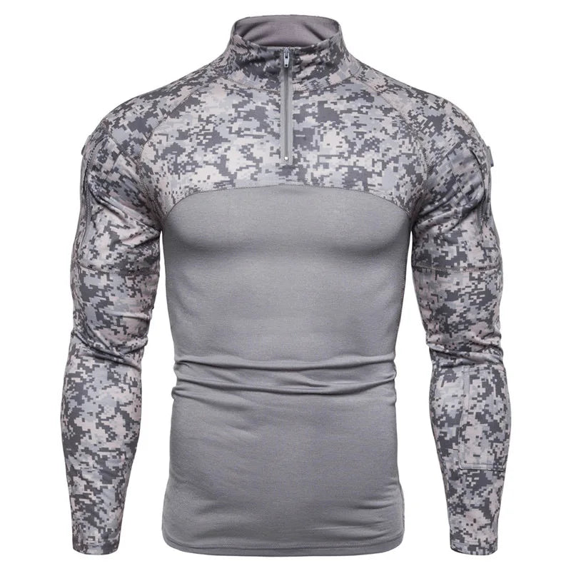 Men's Military Camouflage Outdoor Stretch Fitness Long Sleeve T-shirt with Zipper Pocket Men's Clothing