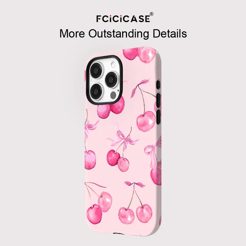 Fcicicase Phone Case For iPhone 16 Pro Max 15 14 Plus 13 12 11 Cherry For Magsafe Wireless Charge Magnetic Double-layer Cover