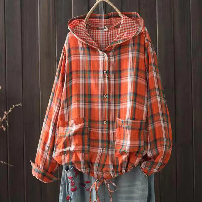 Large size blouses for women autumn hooded long sleeve single-breasted plaid shirts cotton checkered oversized shirt outwear