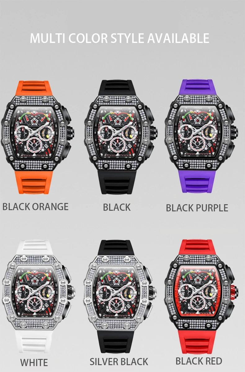 2022 New Men's Automatic Mechanical Watch ONOLA Fashion Unique Luxury Diamond Inlaid Design Waterproof Silicon Tape Watches Men