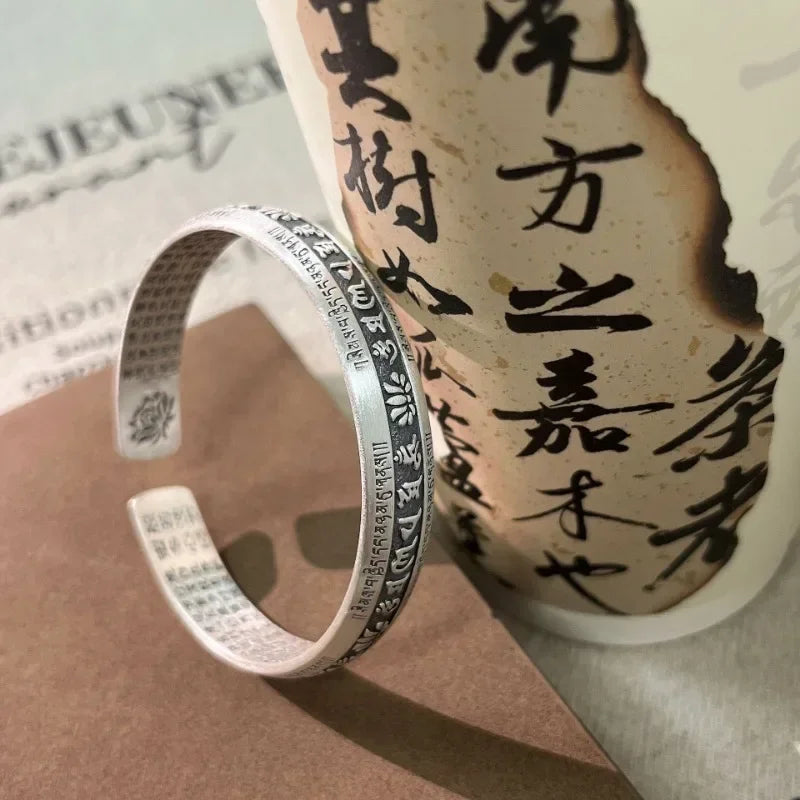 925 Silver Carved Prajnaparamita Heart Sutra Lotus Flower Bracelet Six Character True Words Wide Vintage Bangles Jewelry