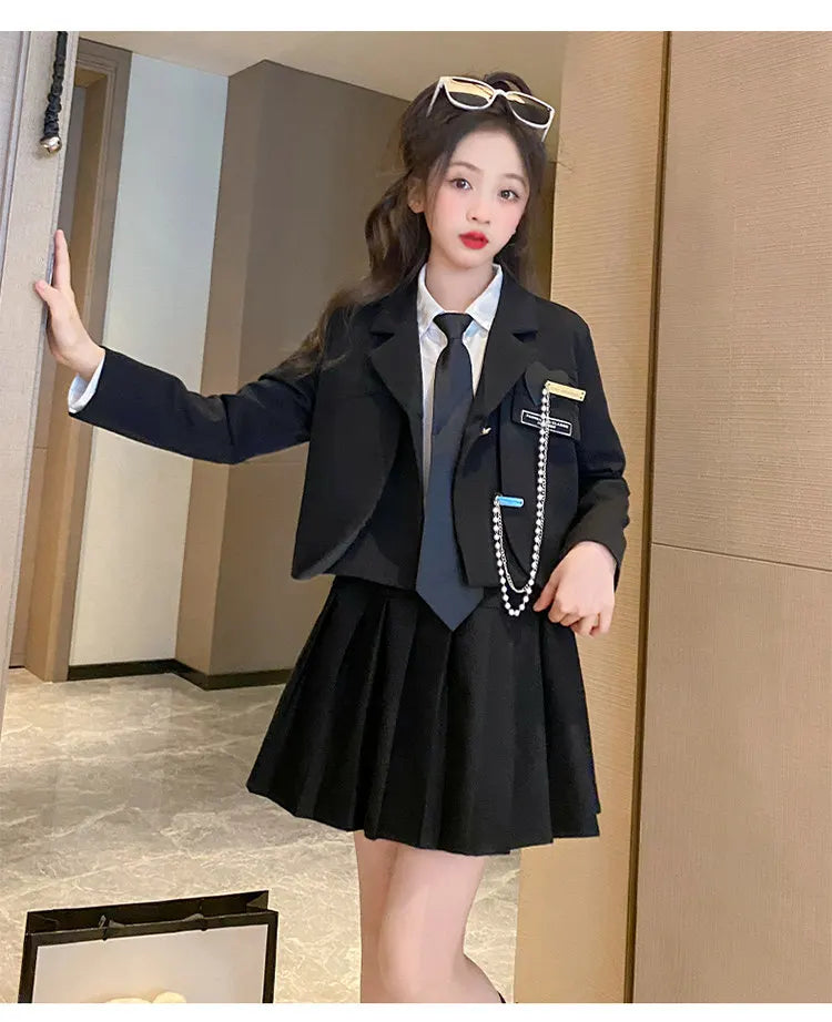 Junior Girl JK School Uniform Set Unique Formal Chain Smart Jackets and Pleated Skirt 2Pcs School Kids Child Uniform Blazer Suit