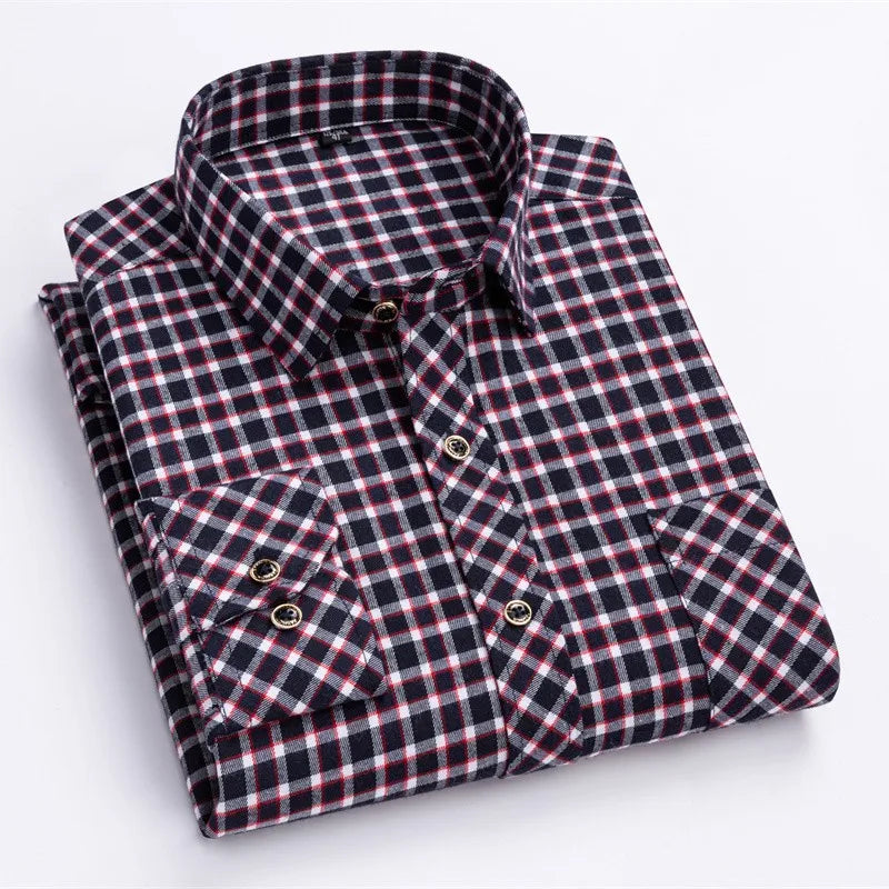 New Cotton Flannel Plaid Shirt For Men's Long Sleeve Regular-fit Brushed Single Pocket Soft Comfortable Casual Fashion Shirts