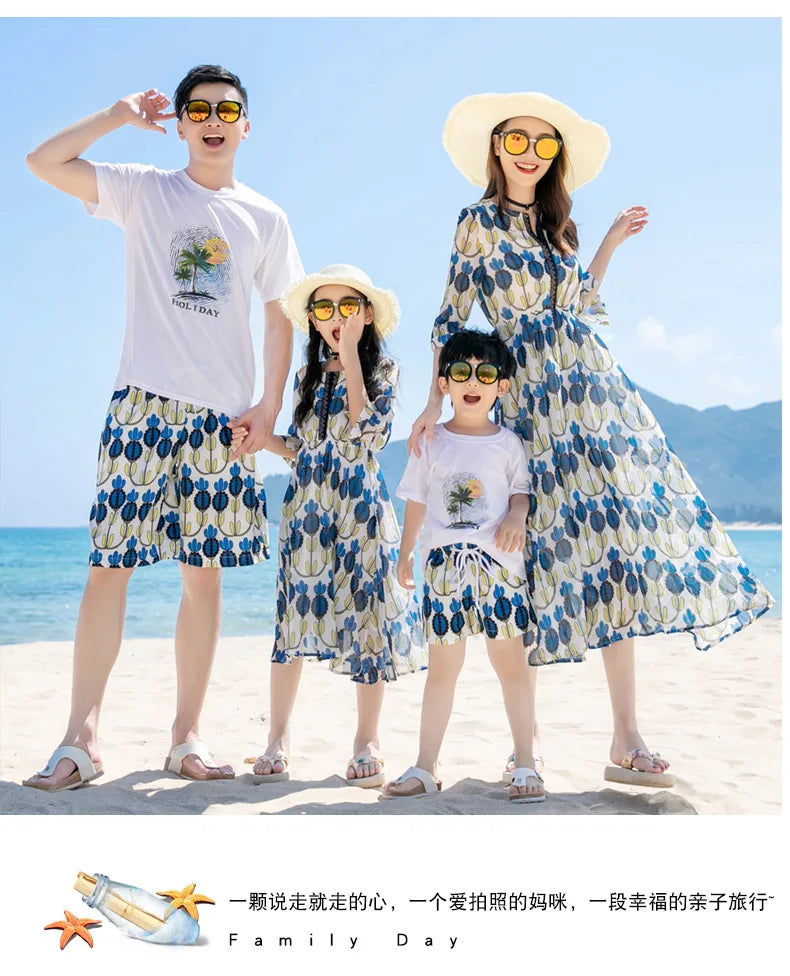 Vacation Look Family Matching Clothes for Parents and Children Outfits Daughter Mom Dress Son Dad T Shirts Shorts Two Piece Sets