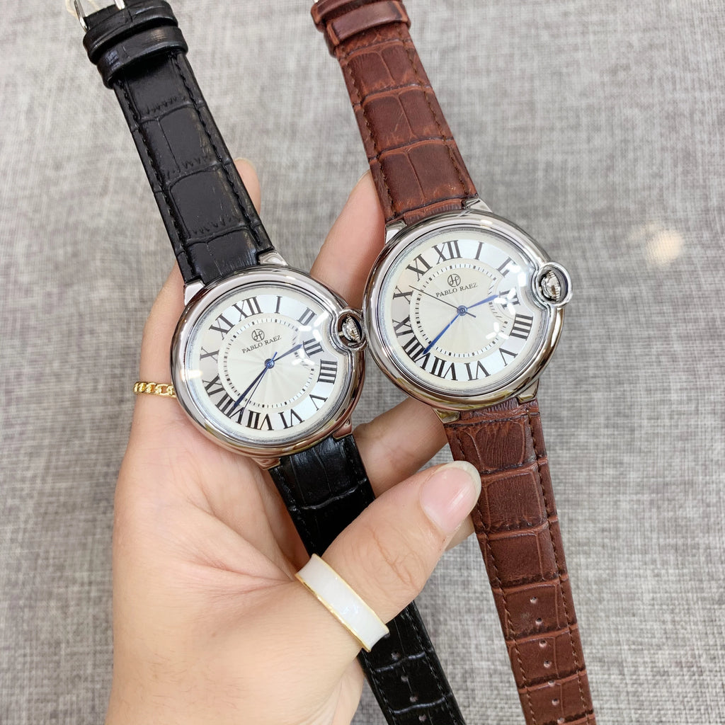 Pablo Raez Couple Watch for Men Women Reloj Mujer Man Quartz Wristwatch Male Simple Leather Strap Ladies Roman Numerals Clock