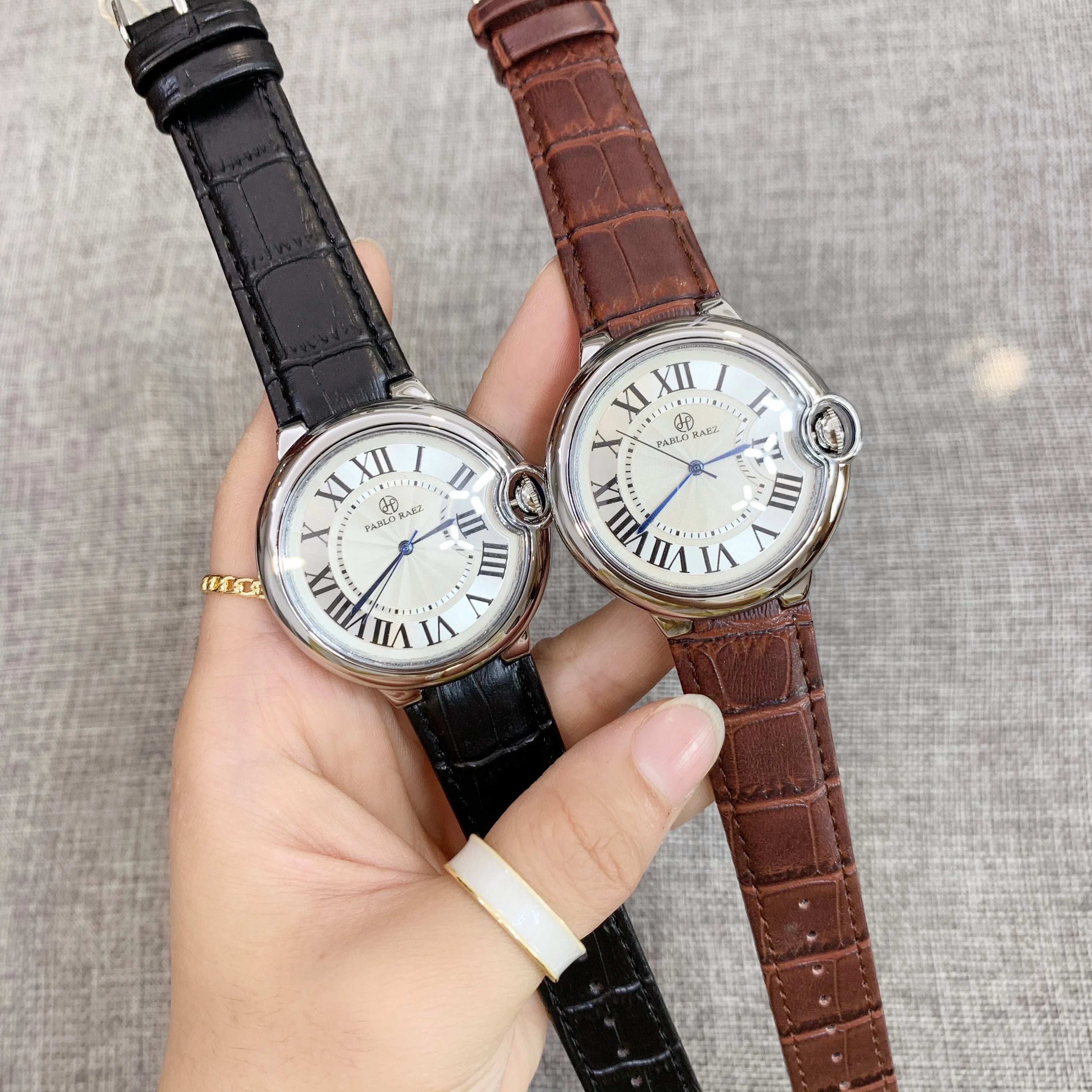 Pablo Raez Couple Watch for Men Women Reloj Mujer Man Quartz Wristwatch Male Simple Leather Strap Ladies Roman Numerals Clock