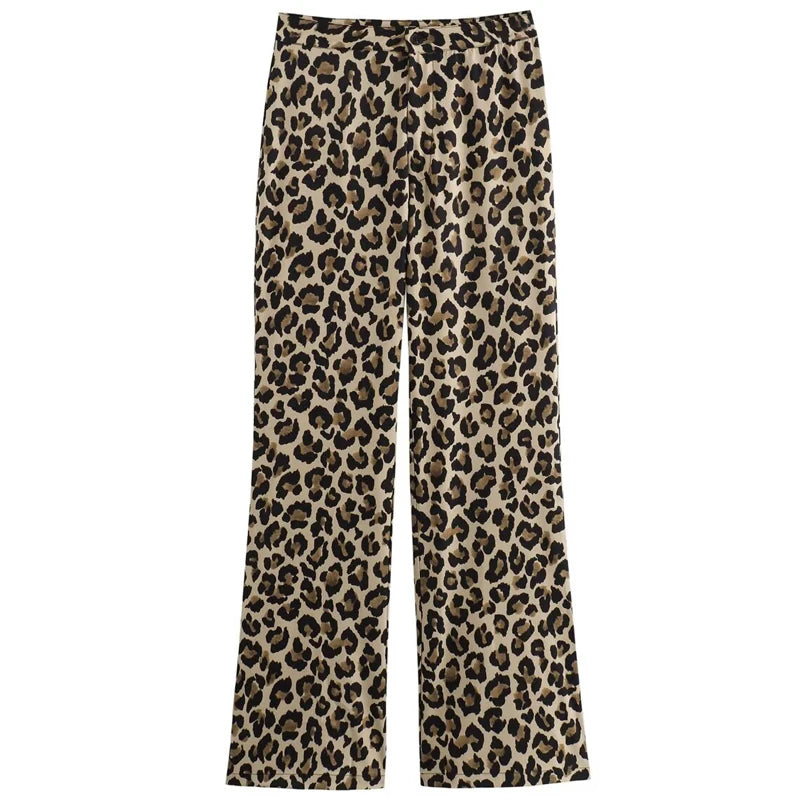 HXAO Leopard Flared Pants Women's Pants Summer 2025 Lady Fashion Vintage Animal Print High Waist Pants Chic Office Wear Trousers