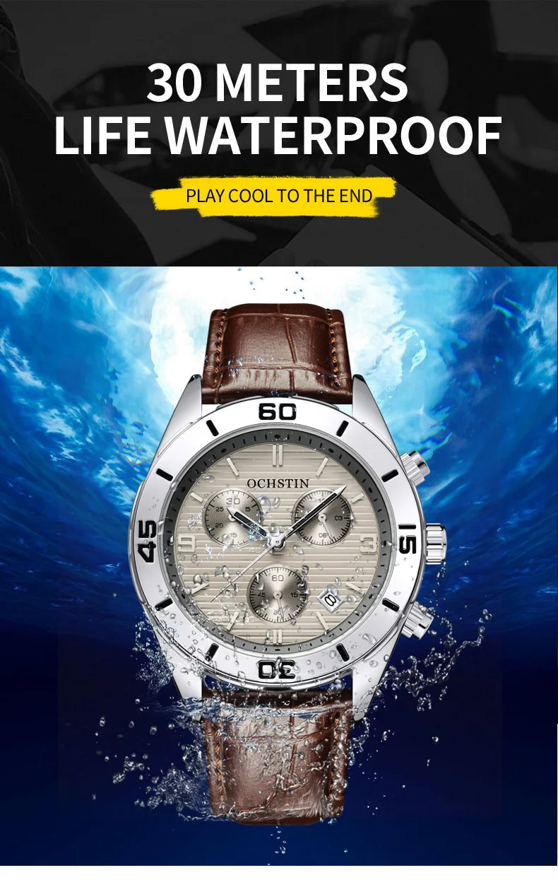 OCHSTIN Men's Watches Top Brand Sport Men Wrist Watch Leather Quartz Watch Sports Waterproof Male Clock Chronograph Function