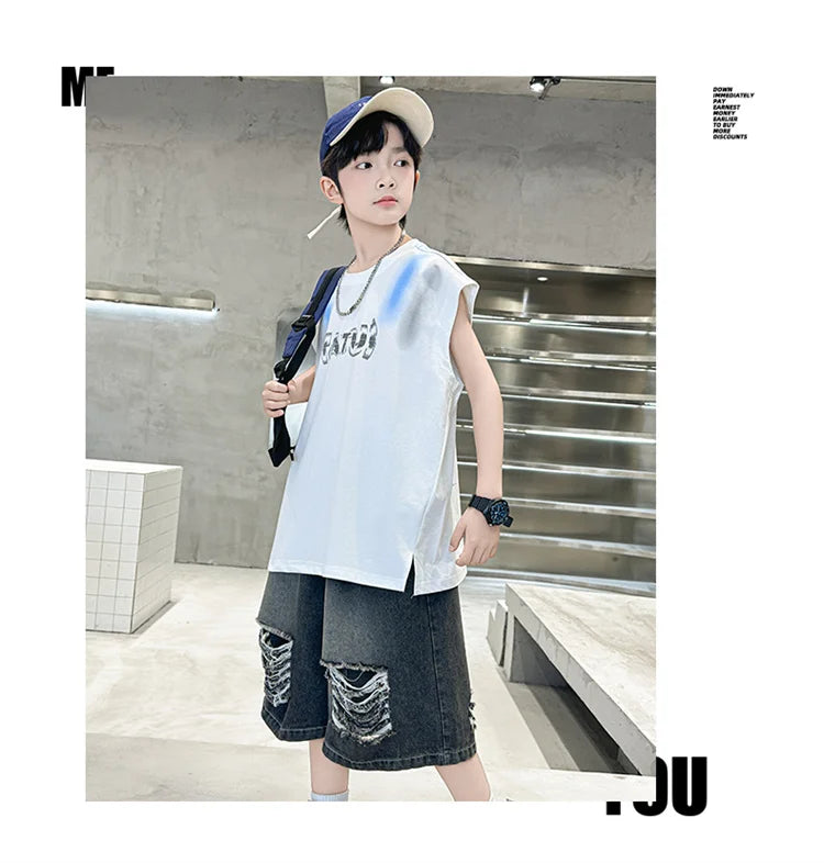 Junior Boys Summer Suit Children's Fashion Sleeveless Vest and Hole Jeans Shorts Clothing Sets for Kids 5 7 9 11 13 14 Years Old
