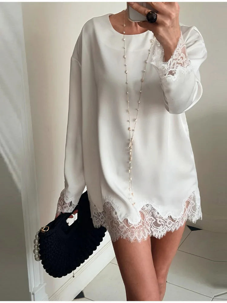 Elegant Modest Blouse Designers Satin Lace Retro Women Tops Spring Romantic Casual Chic Fashionable Streetwear