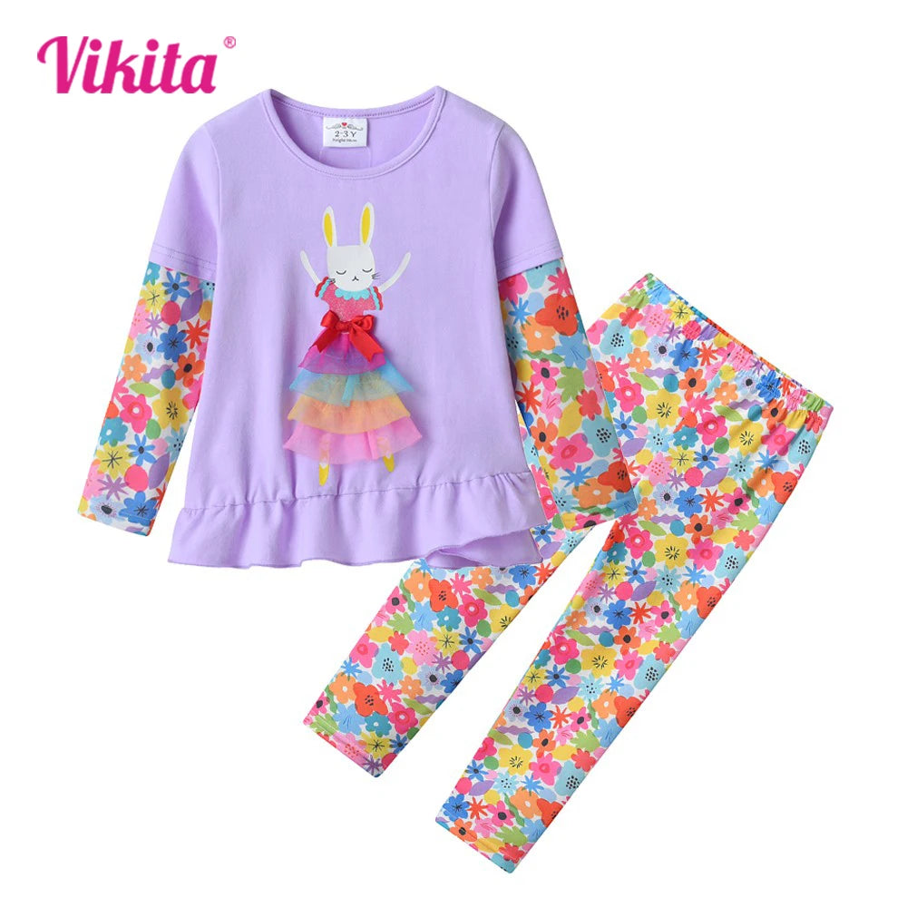 VIKITA Children Clothing Kids Rabbit Floral Print Long Sleeve Cotton Casual Tops Tees and Pants 2 Pcs Suit Kids Clothes Sets