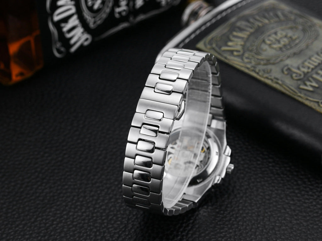 Power Reserve Mechanical Men Wristwatch Skeleton Stainless Steel Powerful Automatic Watches Square Waterproof Hand Clock Gift
