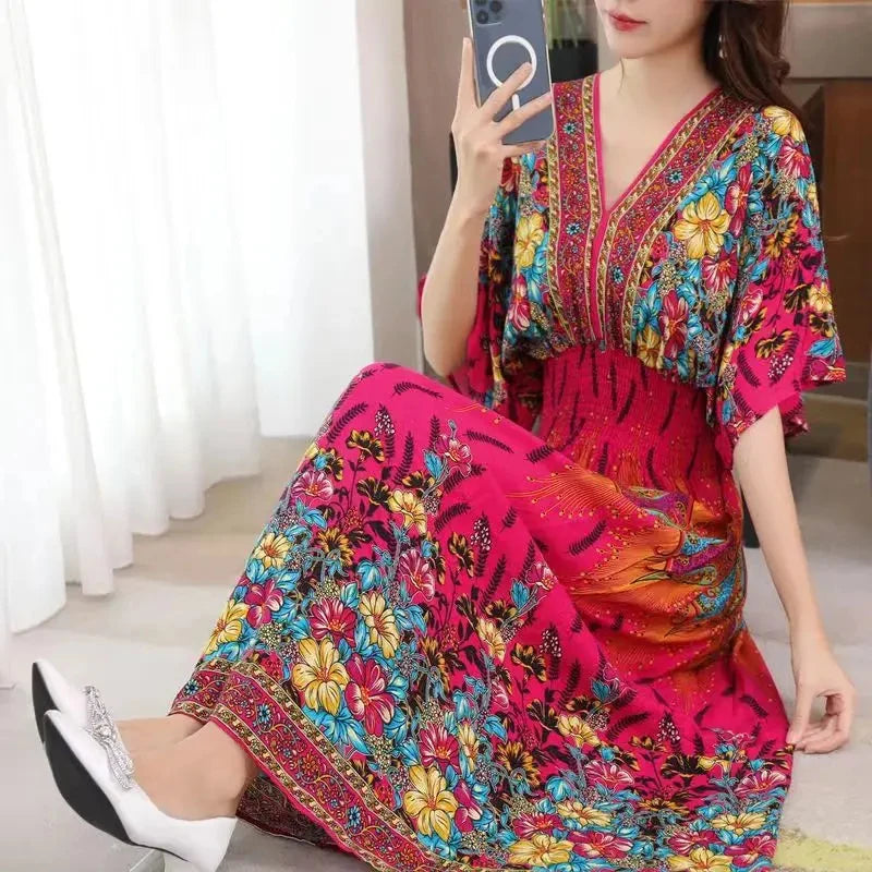 Boho Chic Short Sleeve Dress Slash Neck Elegant Women Dress Vintage Romantic Print Midi Dress Holiday Dress New Clothes Trend